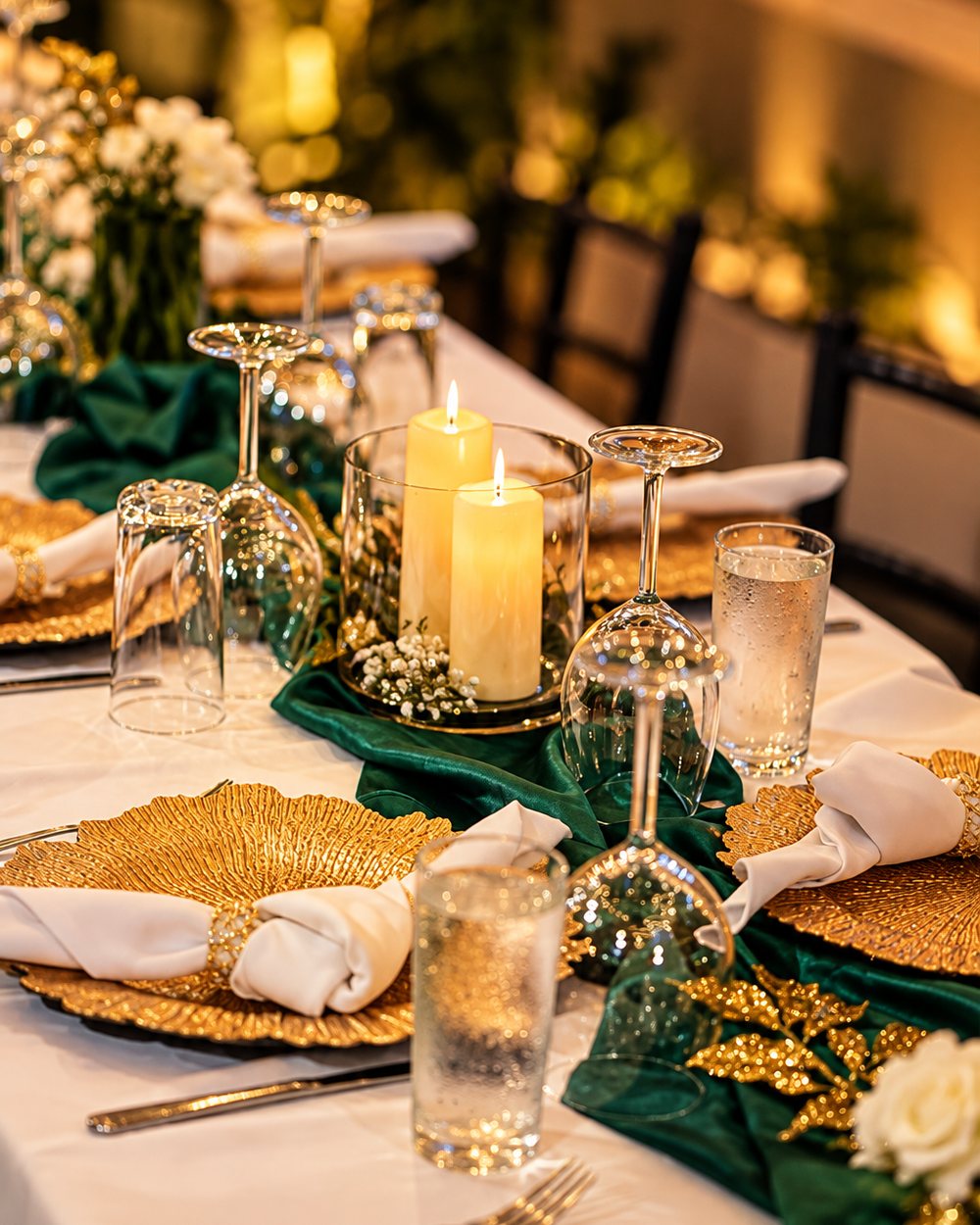A table laid with gold chargers, white napkins and a green velvet runner, with candles down the centre.