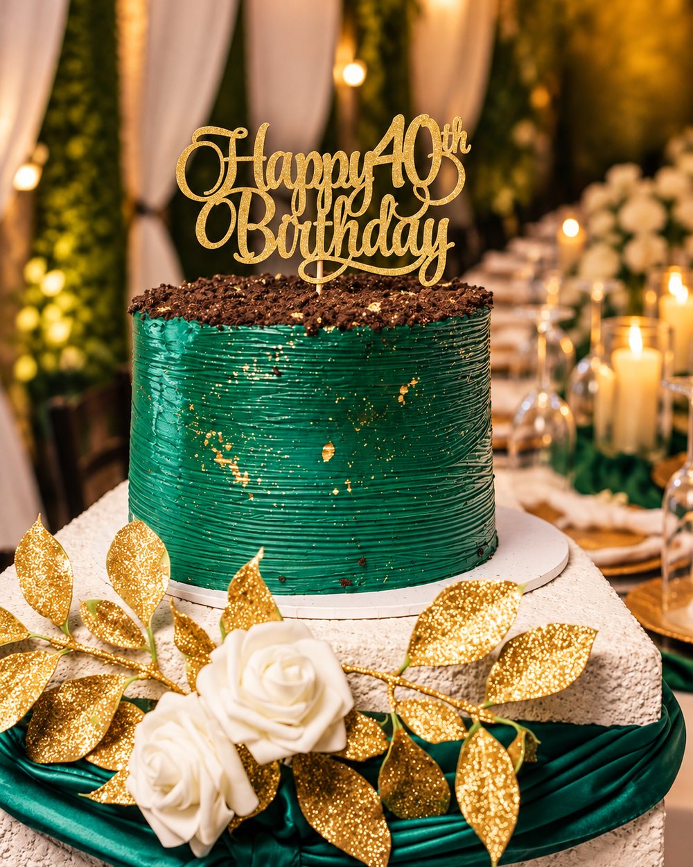 A green and gold cake with a Happy 40th Birthday topper, on a table dressed to match.