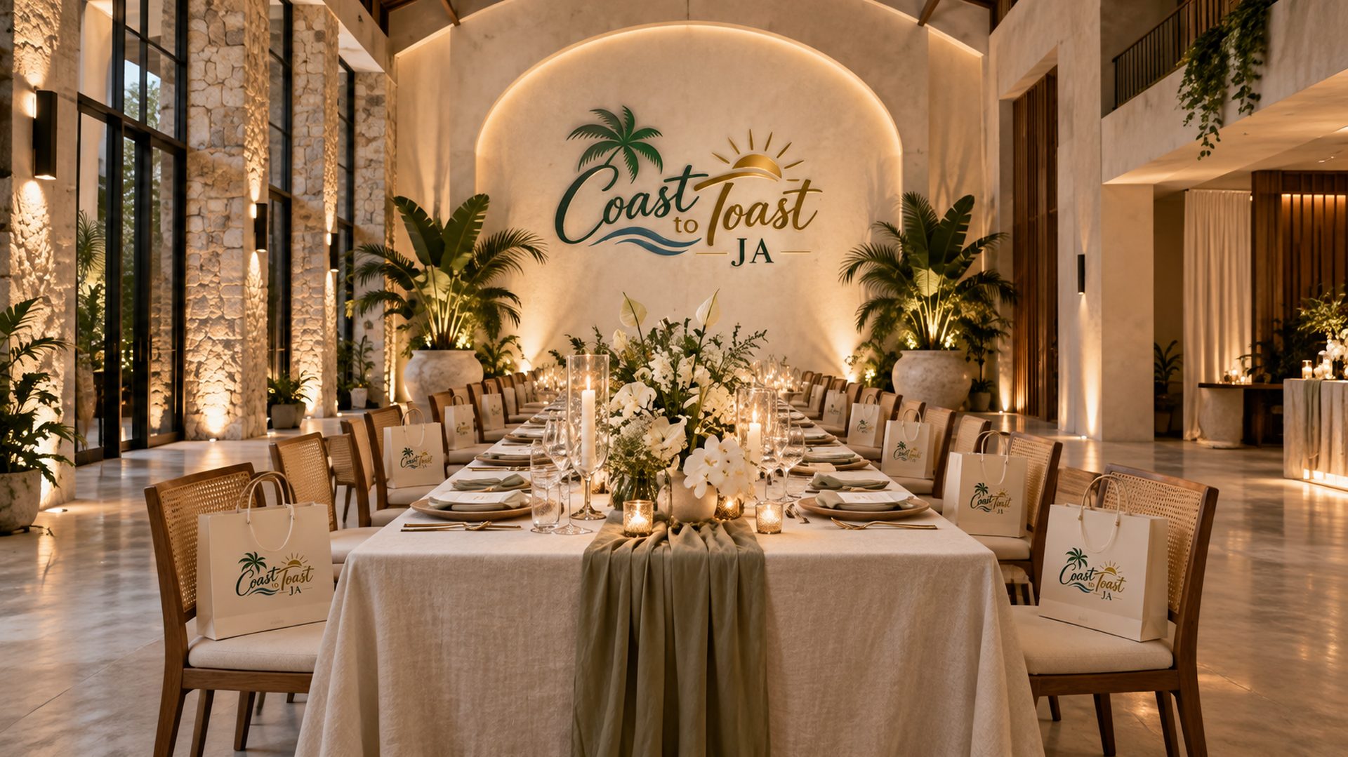 A long table laid for a celebration in a candlelit venue, with the Coast to Toast JA sign lit on the wall behind.