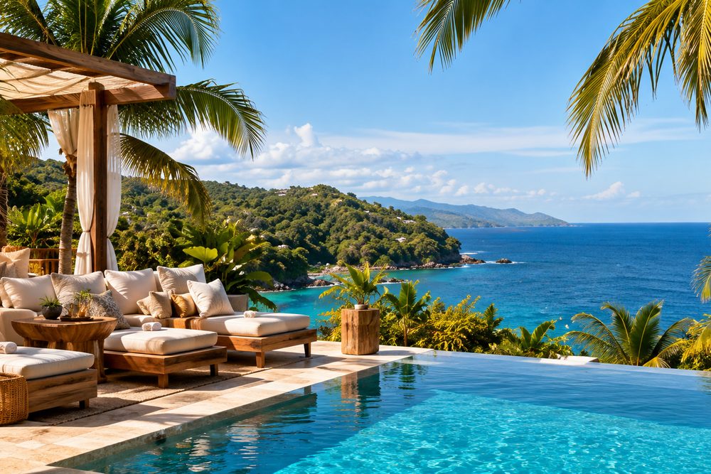 A private terrace with daybeds and a pool looking out over the coastline.